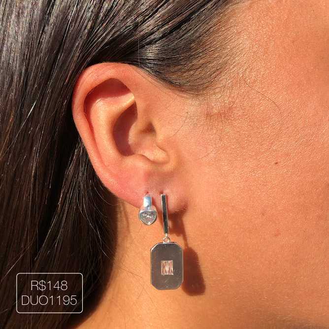 Duo Retângulo c/ Baguete + Argola c/ Coração de Zirc Cristal Prateado